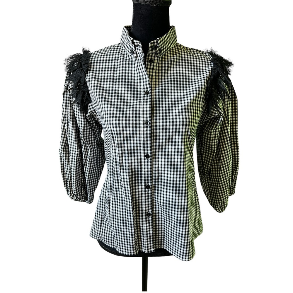 Imperial Black White Gingham Checkered Puff Sleeve Button Down Blouse Medium